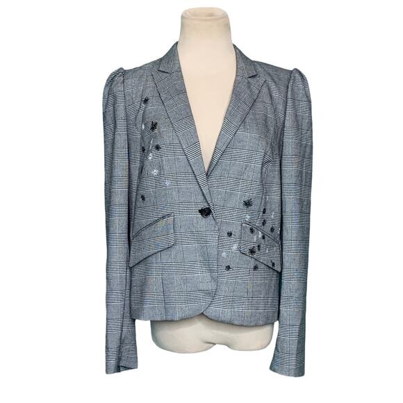 CeCe gray plaid embroidered floral one button blazer size 12 - Picture 1 of 13